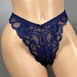 Vintage New NOS Jezebel Panties Hi Cut Blue Sheer Lace Medium High Waist Panty